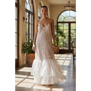 Tracy Reese White Floral Lace Slip Dress Sz 4 Tiered Pleated Ruffle Hem Romantic